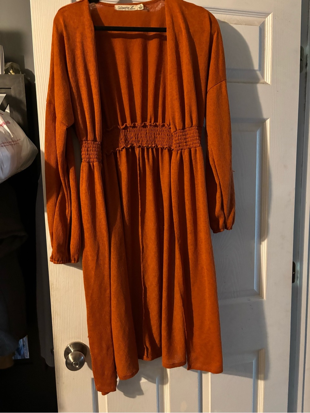 Liberty Love Girls' Rust Orange Long Sleeve Smocked Waist Duster
